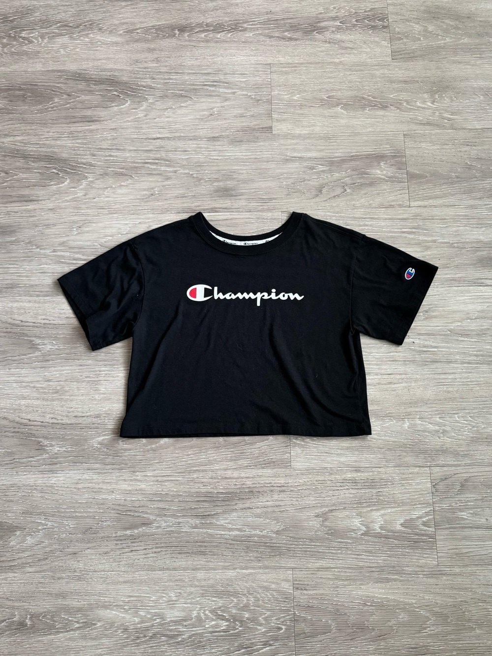 Champion Black Crop Tee with White Script and Red Accent